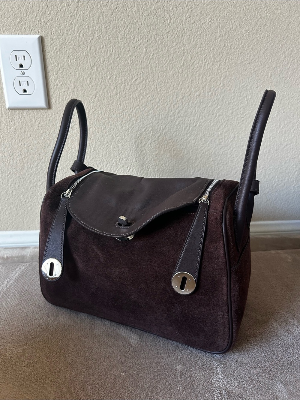 26cm Brown Suede & Swift Leather Pillow Bag